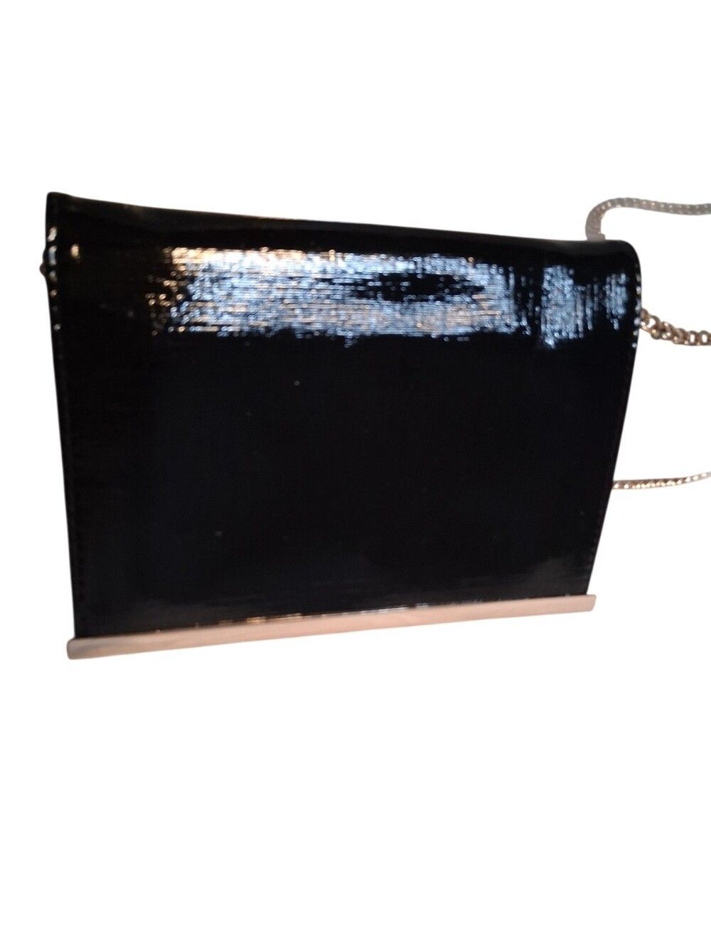 Black Crinkle Patent Leather Crossbody Bag Gold Chain Flap Evening Party Purse - Picture 2 of 14